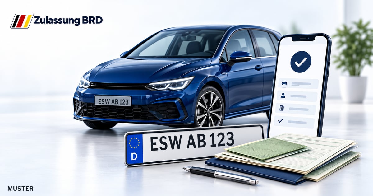 Online Fahrzeugzulassung in Hessisch Lichtenau: Musterkennzeichen ESW AB 123, Auto und Fahrzeugpapiere und Smartphone. Illustration mit Logo von Zulassung BRD.